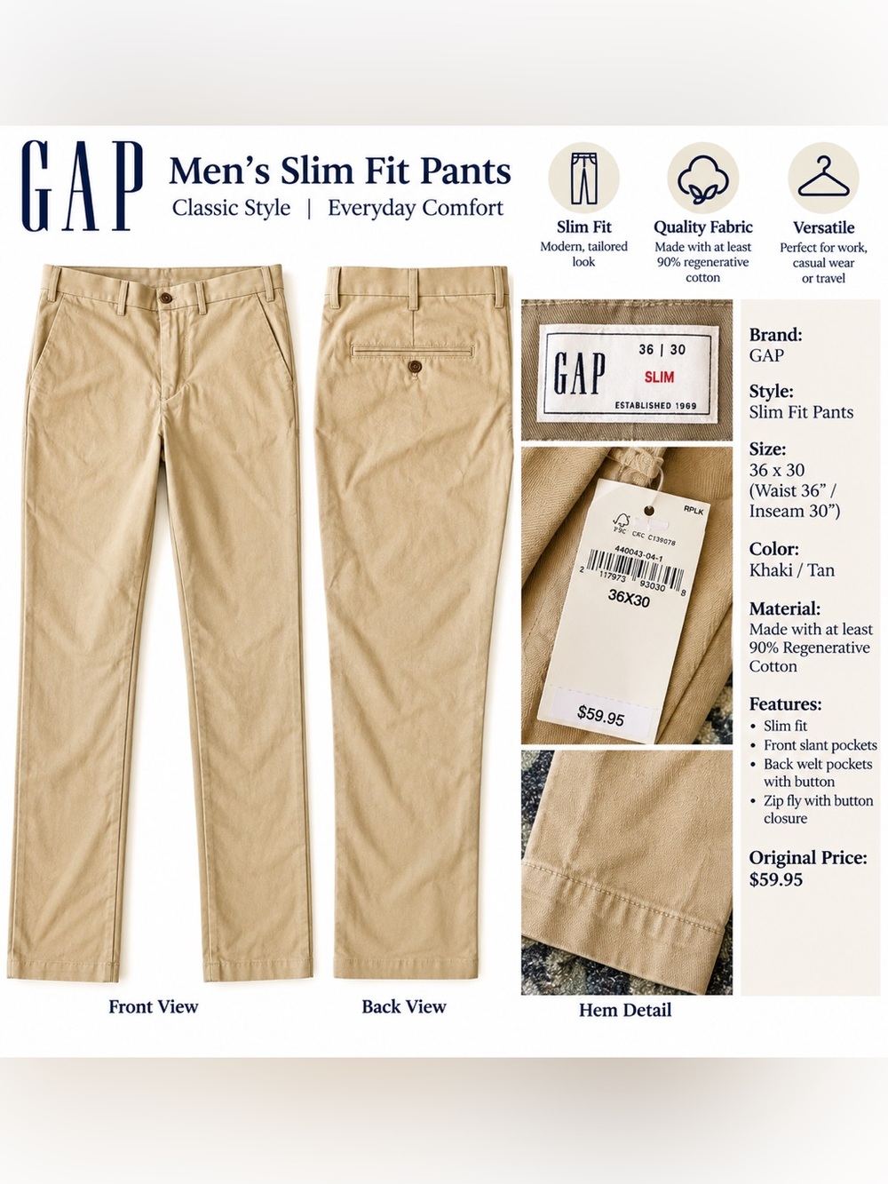 GAP Men's Slim Fit Chinos in Khaki/Tan